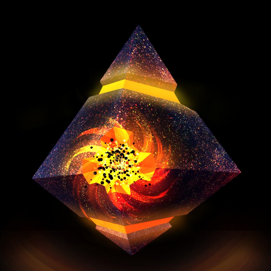 A strange geometric shape, as if two pyramids had been stacked with their bottoms together. A sparkling pattern like stars is stretched across its surface. In the center of the item is an orange, glowing hole filled with crackling black-and-white energy.