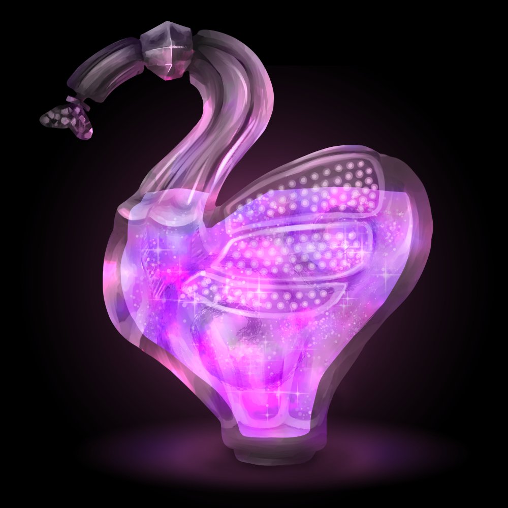 A clear glass bottle in the shape of a swan, its neck the curved neck of the bottle and its body shaped a bit like a heart. Inside the bottle is a glowing purple-pink potion.