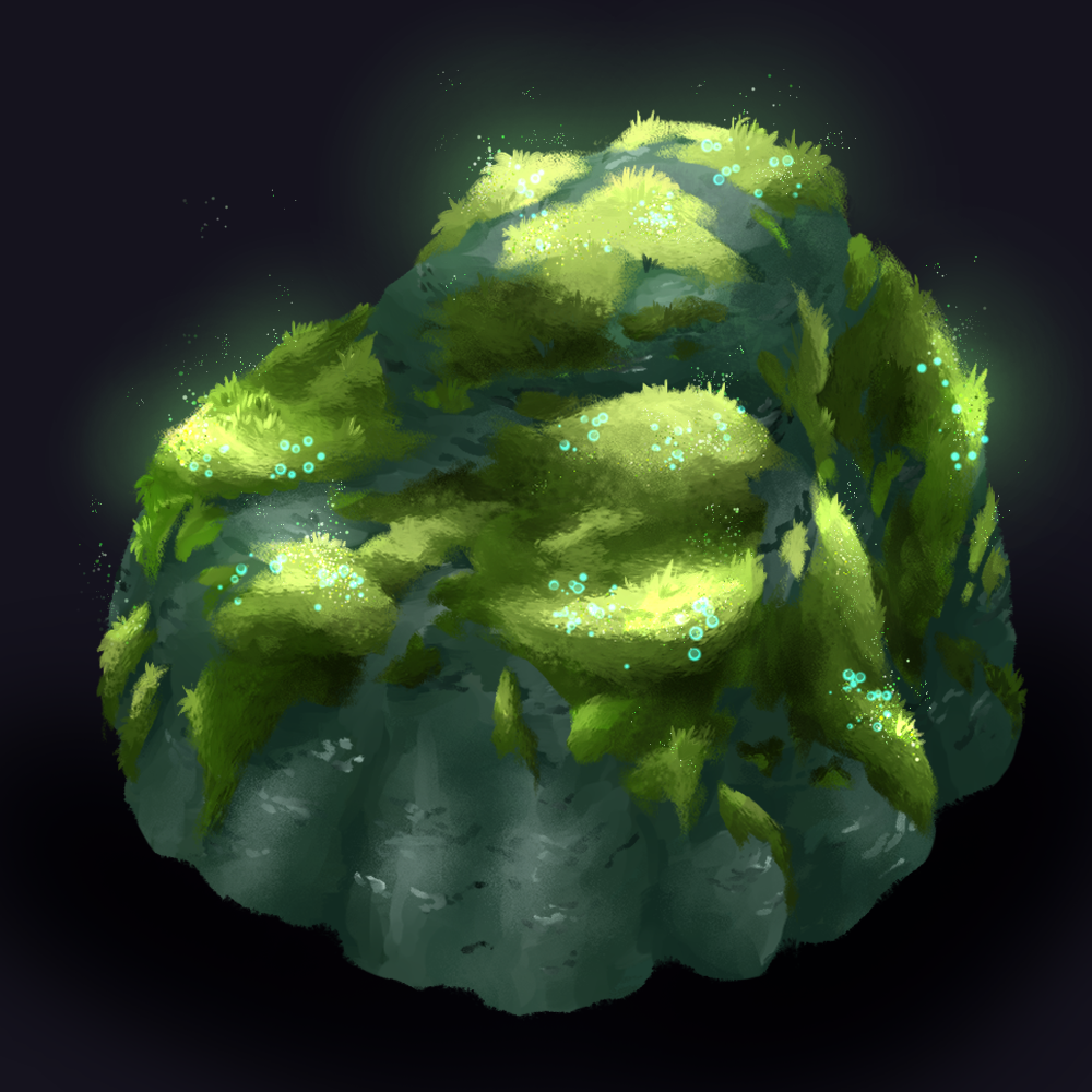 A gray rock with glowing green moss growing on top of it.