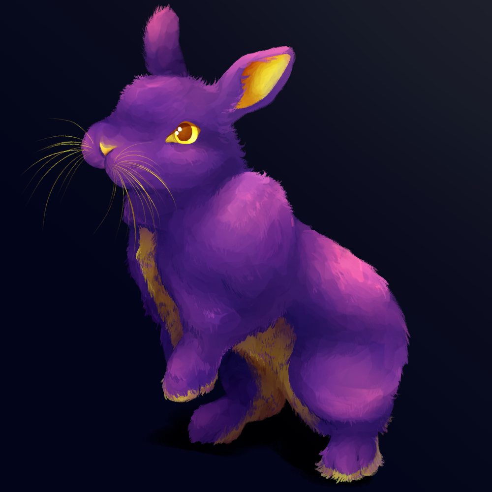 A purple rabbit with yellow eyes, ears, whiskers, and underbelly. It is sitting up on its hind legs as if sniffing something.