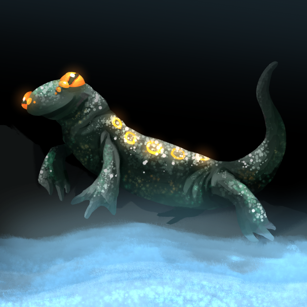 A black newt with orange eyes and yellow rings on its side. It smiles in front of a glowing strip of water.